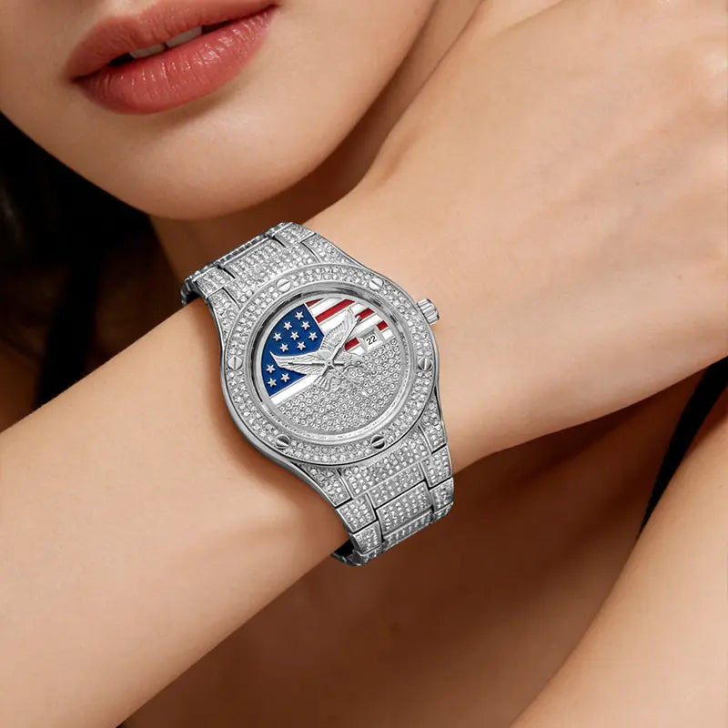 Iced Out Gold US Flag Eagle Watch Diamond Quartz Watch Luxury Wristwatch