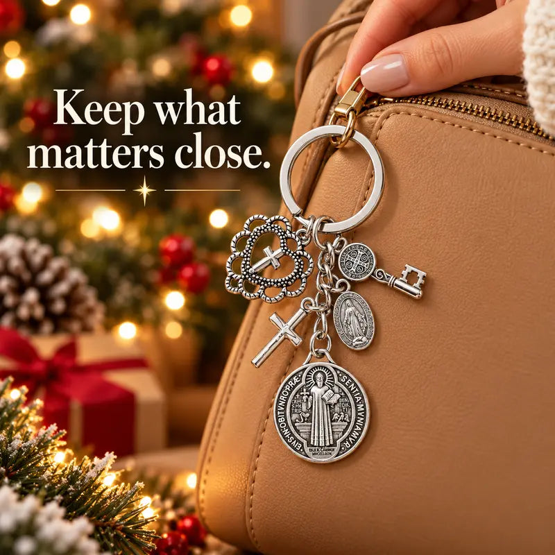 Catholic Religious Charm Key Ring with Cross Pendant , Vintage Saint Benedict Medal Keychain