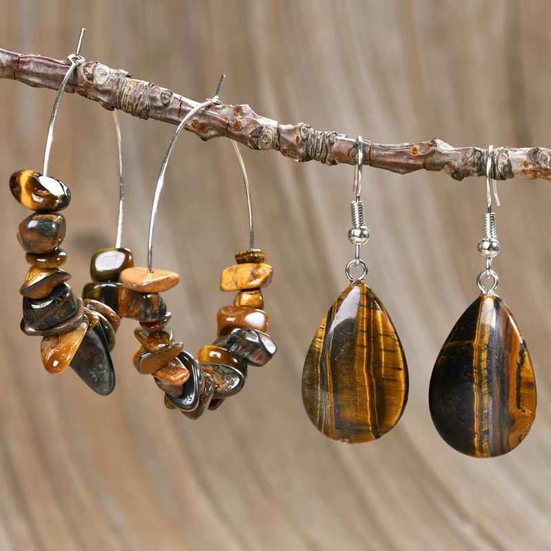 Vintage Tiger Eye Stone Necklace Earrings Jewelry Set
