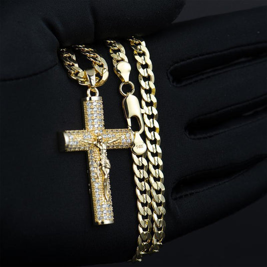 Gold-plated Cuban Figaro Chain with Jesus Christ Crucifix