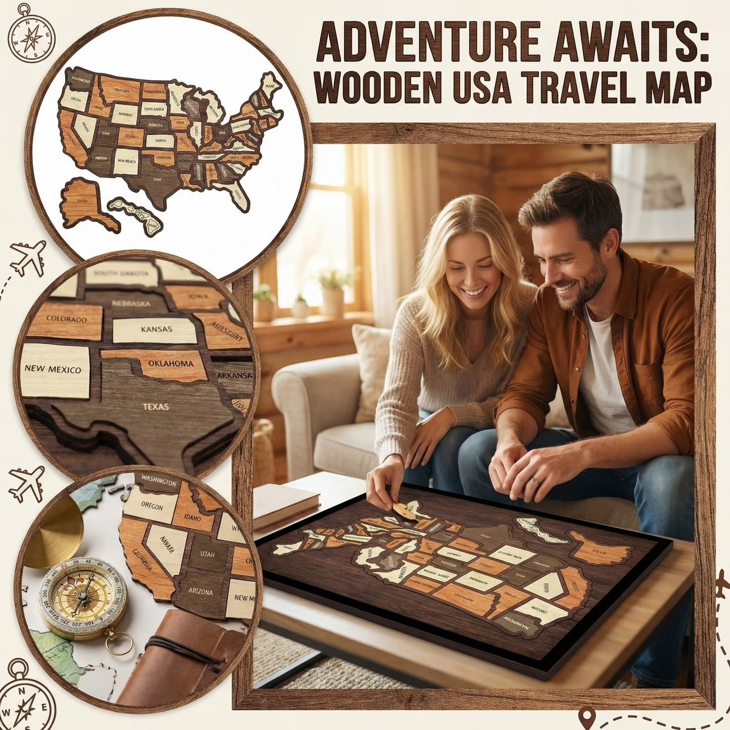 13x10 Inch Wooden USA Travel Map Puzzle – Interactive Wall Decor with Removable State Pieces