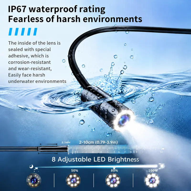 Endoscope Camera with Light, 1920P HD Borescope Tools with 8 Adjustable LED Lights