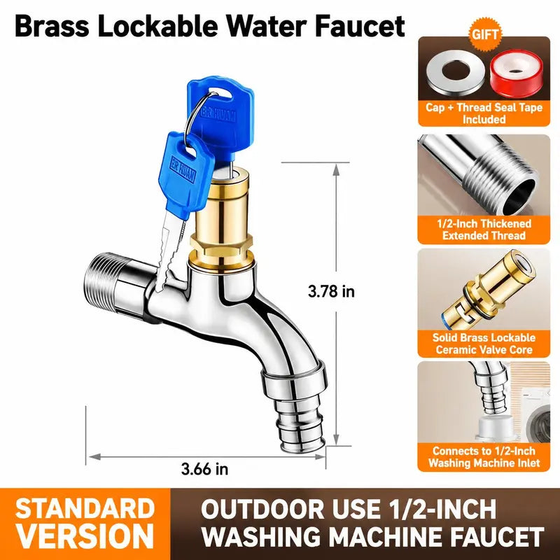 Brass Lockable Water Faucet with Key, 1/2 Inch Outdoor Anti-Theft Tap