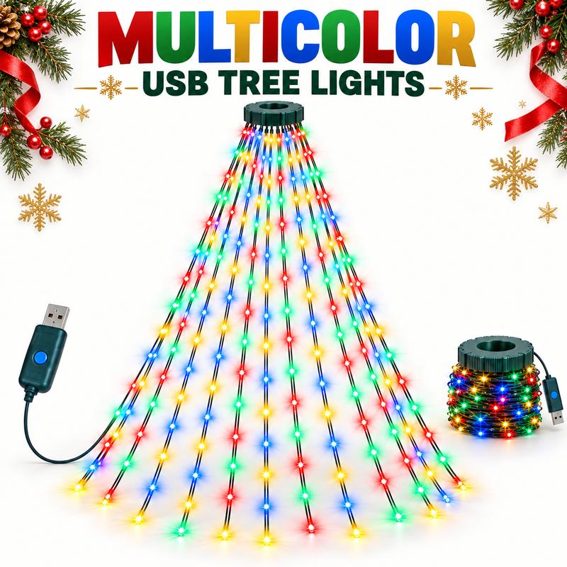 USB-Powered LED Christmas Tree Waterfall String Lights – 8 Lighting Modes