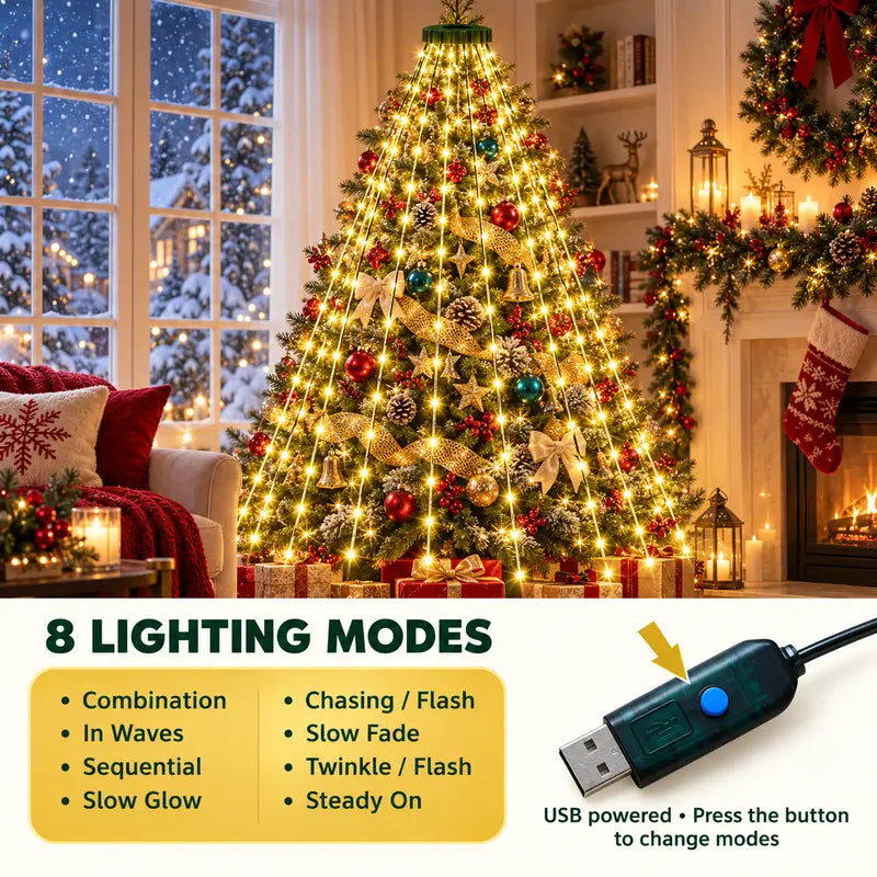 USB-Powered LED Christmas Tree Waterfall String Lights – 8 Lighting Modes