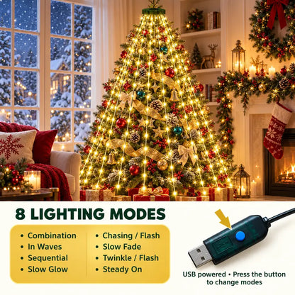 USB-Powered LED Christmas Tree Waterfall String Lights – 8 Lighting Modes