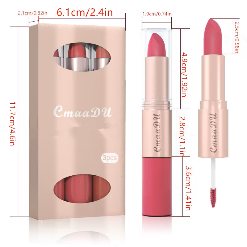 3-Color Long-Lasting Lipstick & Lip Glaze Set – Dual-Ended Design