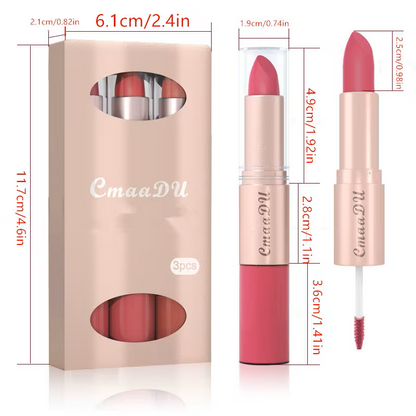 3-Color Long-Lasting Lipstick & Lip Glaze Set – Dual-Ended Design