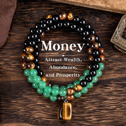 Wealth & Abundance Crystal Necklace, Green Aventurine and Tiger's Eye Pendant