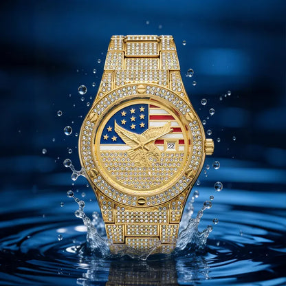 Iced Out Gold US Flag Eagle Watch Diamond Quartz Watch Luxury Wristwatch