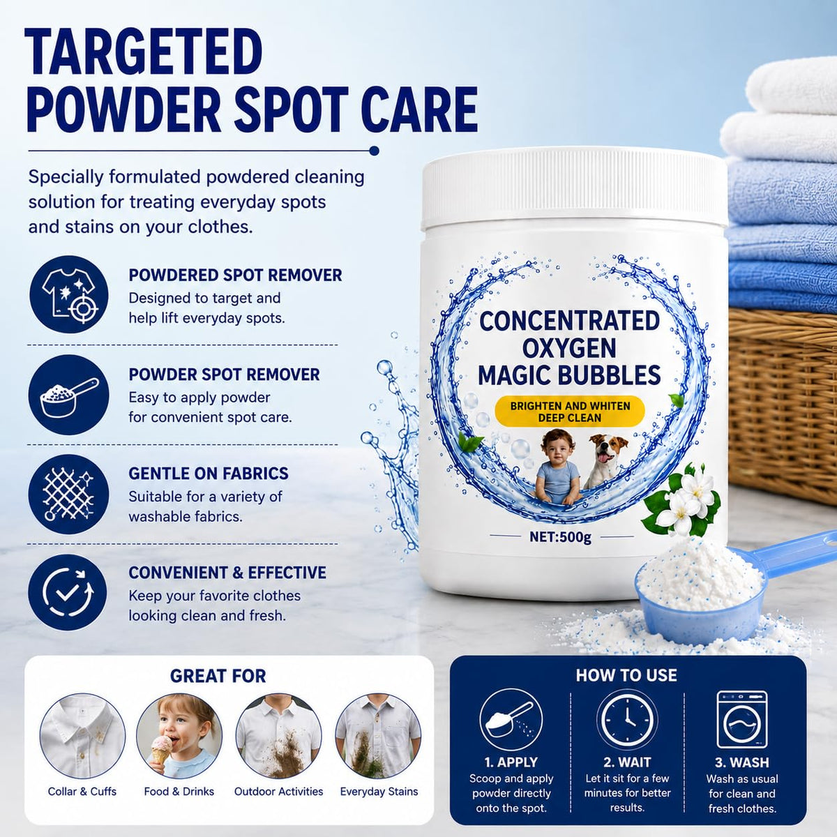 All-Purpose Oxygen Stain Remover Powder,500g,Powdered Spot Remover