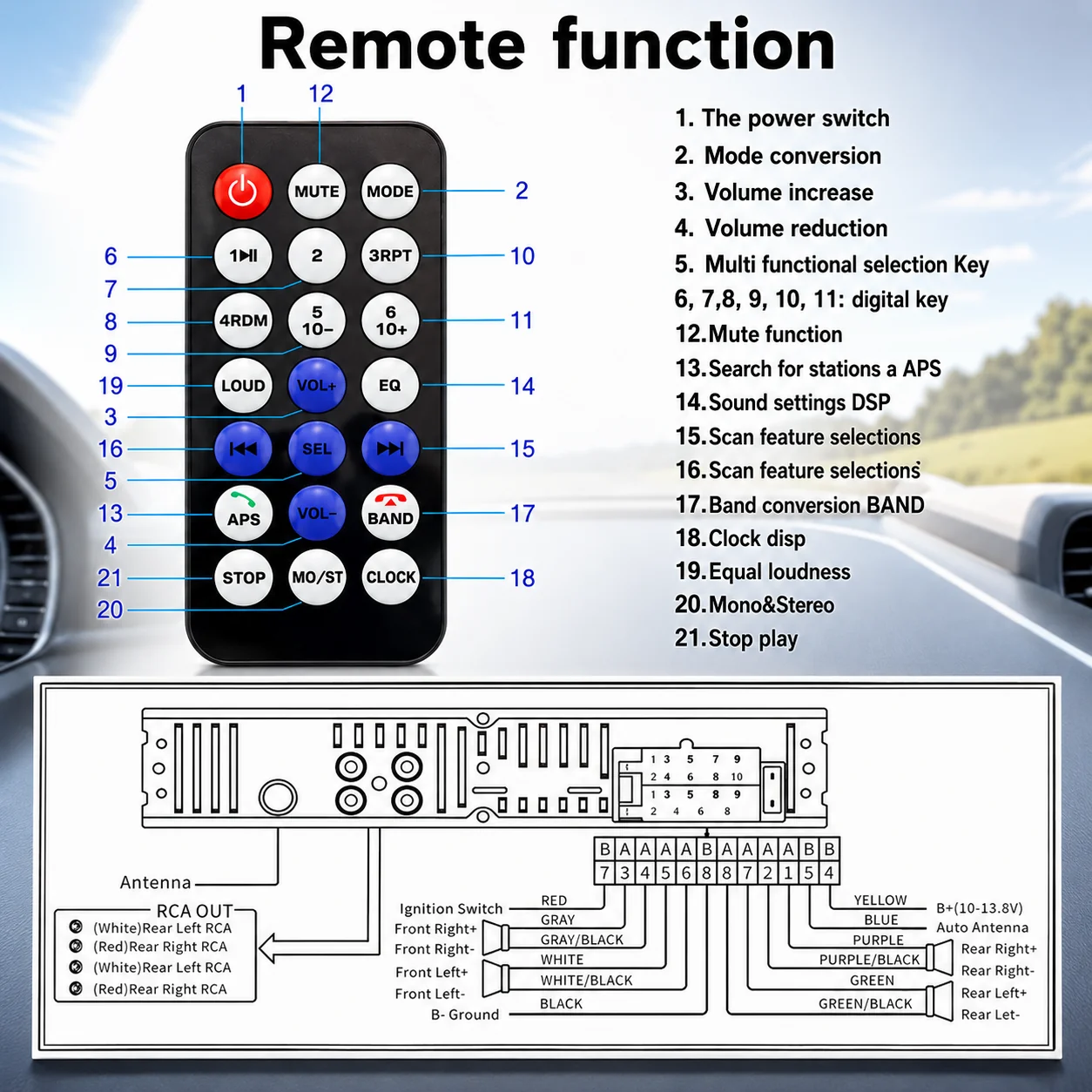 Car Radio Audio USB/SD/MP3 Player Receiver Bluetooth Hands-Free with Remote Control