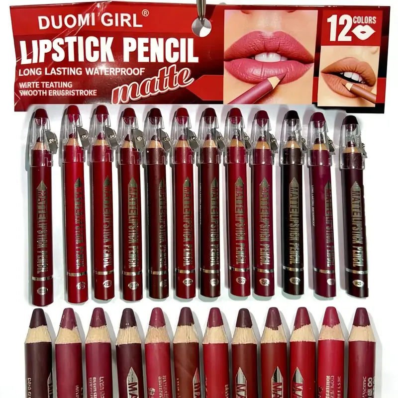 12-Piece Matte Lip Liner Set with Sharpener