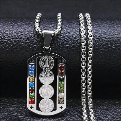Saint Benedict Pendant Necklace, Mix Color Stainless Steel Christian Medallion