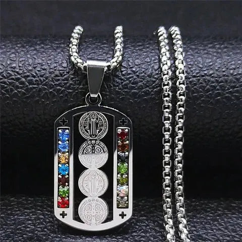 Saint Benedict Pendant Necklace, Mix Color Stainless Steel Christian Medallion