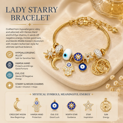 Celestial Charm Bracelet for Women| Moon, Hamsa Hand, Evil Eye & Tree of Life Charms