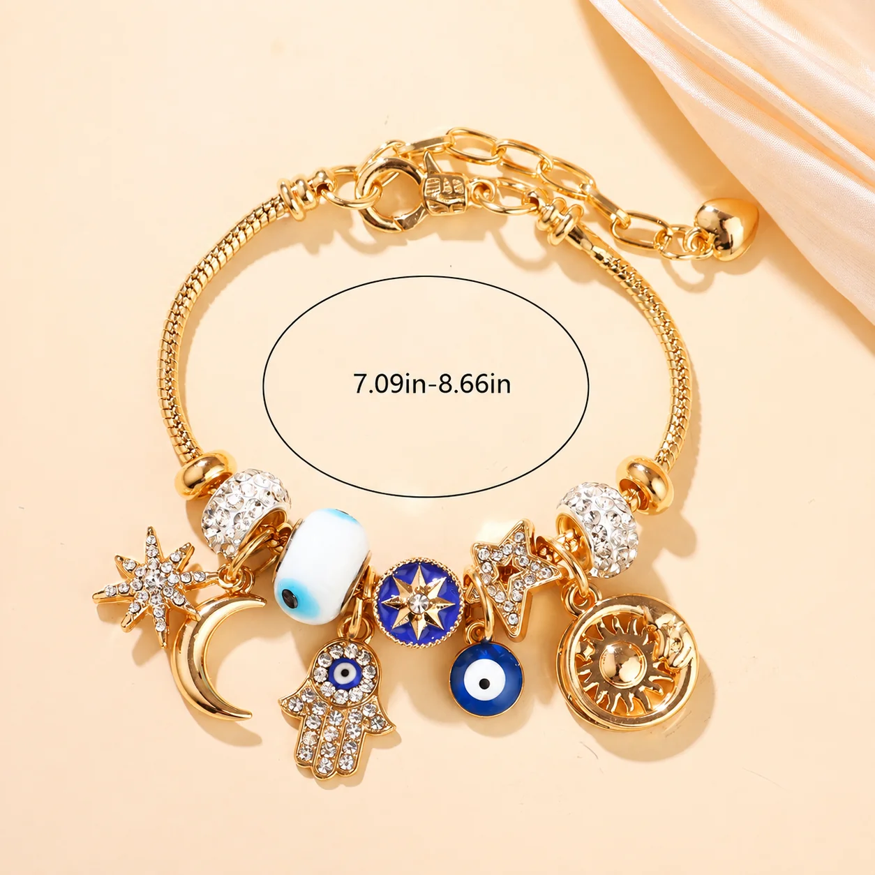 Celestial Charm Bracelet for Women| Moon, Hamsa Hand, Evil Eye & Tree of Life Charms