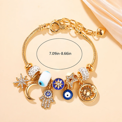 Celestial Charm Bracelet for Women| Moon, Hamsa Hand, Evil Eye & Tree of Life Charms