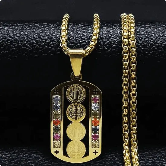 Saint Benedict Pendant Necklace, Mix Color Stainless Steel Christian Medallion