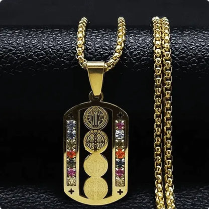 Saint Benedict Pendant Necklace, Mix Color Stainless Steel Christian Medallion