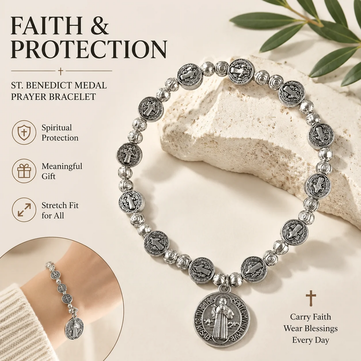 Catholic Rosary Metal Bracelet Saint Benedict Medal Bracelet Faith Baptism silvery