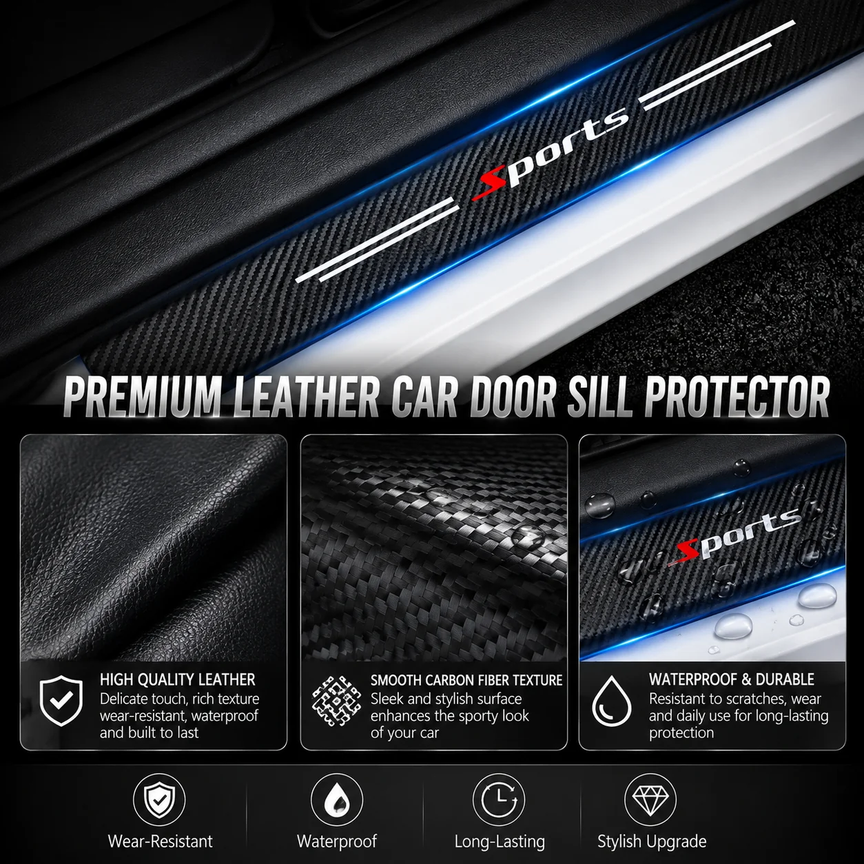 5-Piece "Sports" Pattern Carbon Fiber Door Sill Protection Strip Set