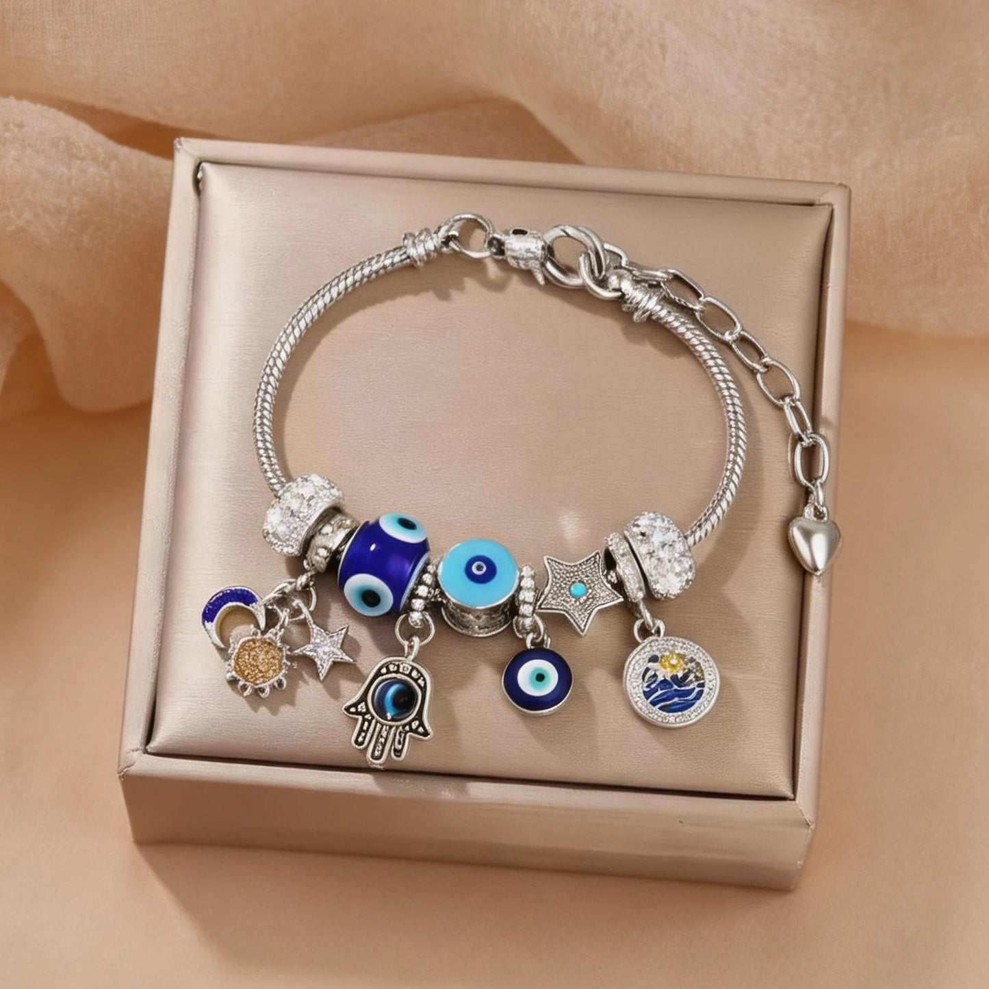Celestial Charm Bracelet for Women| Moon, Hamsa Hand, Evil Eye & Tree of Life Charms