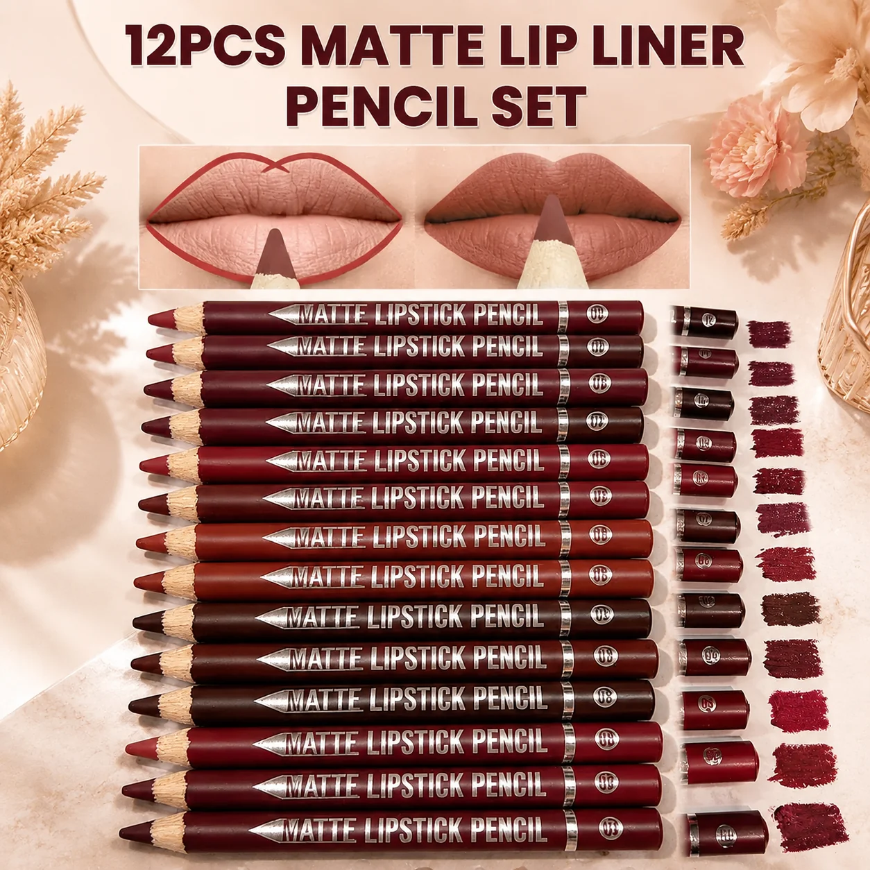 12-Piece Matte Lip Liner Set with Sharpener