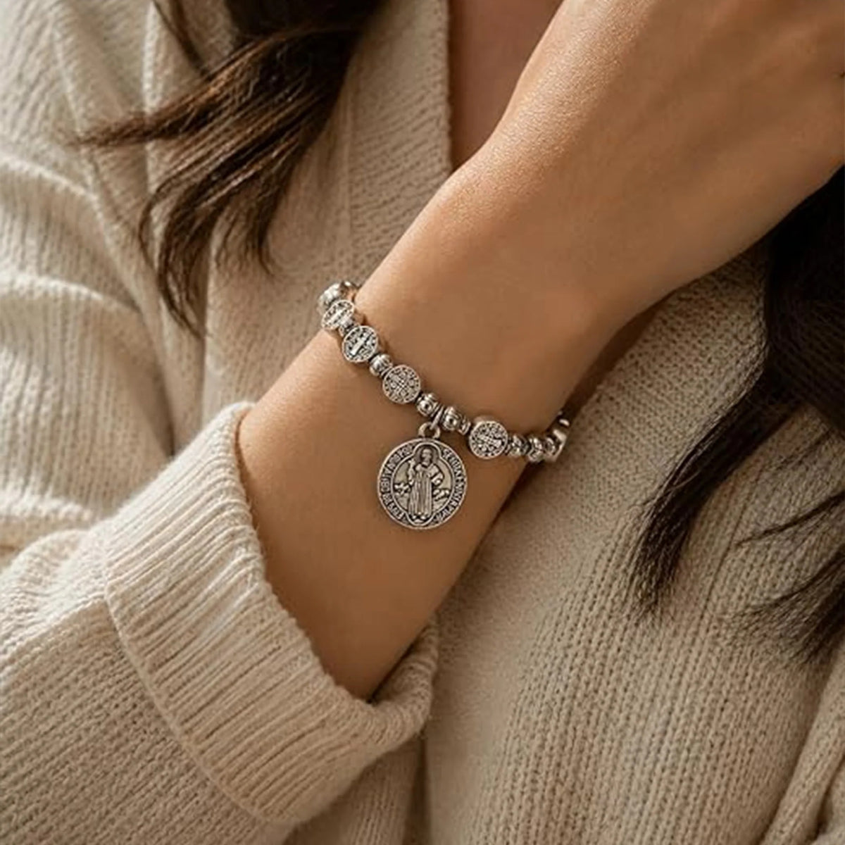 Catholic Rosary Metal Bracelet Saint Benedict Medal Bracelet Faith Baptism silvery