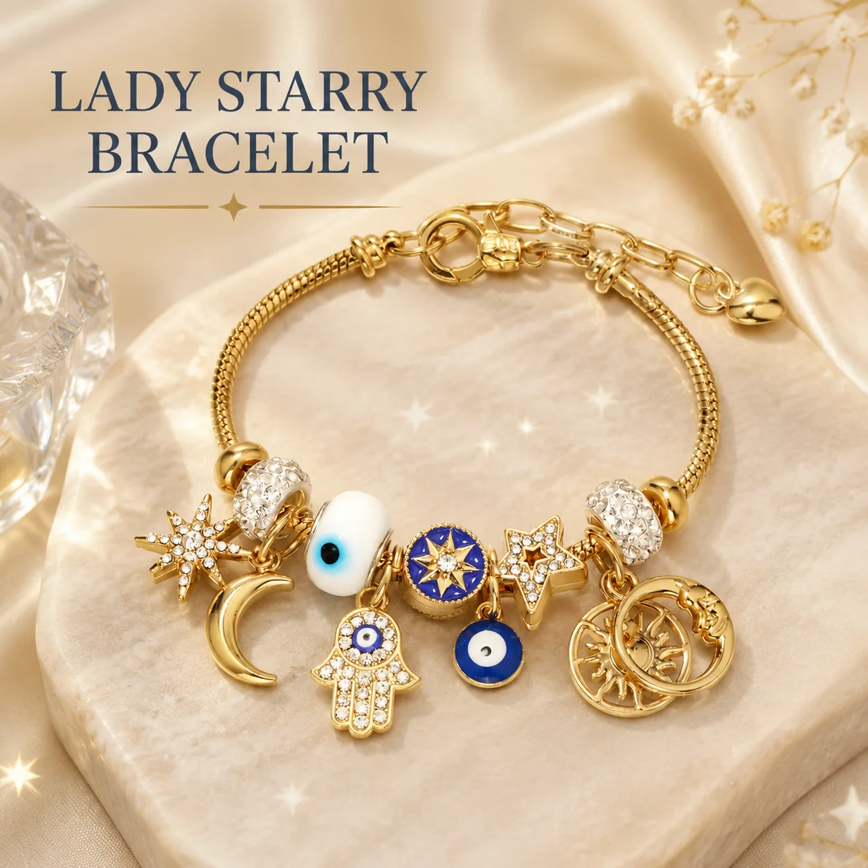 Celestial Charm Bracelet for Women| Moon, Hamsa Hand, Evil Eye & Tree of Life Charms