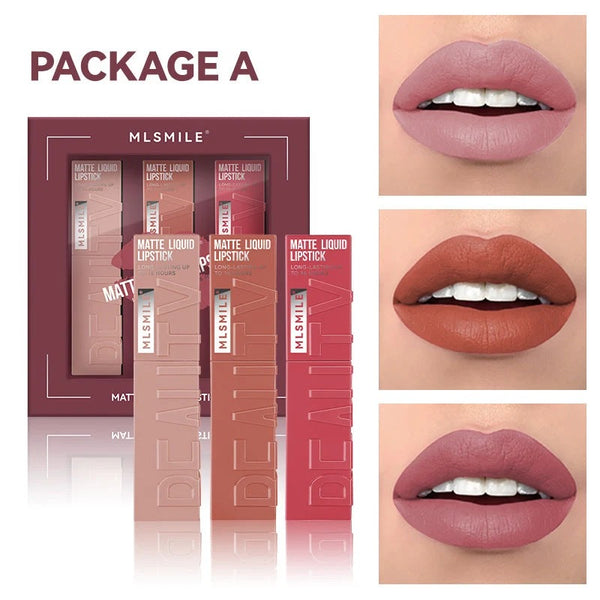 3 Colors Matte Liquid Lipstick Set, Velvet Smooth Nude Lip Gloss