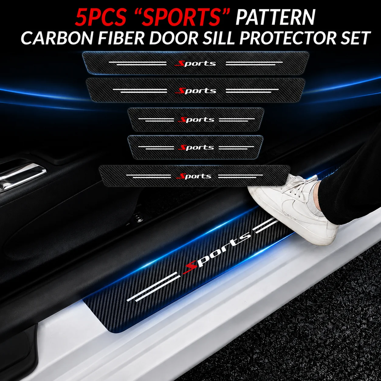 5-Piece "Sports" Pattern Carbon Fiber Door Sill Protection Strip Set