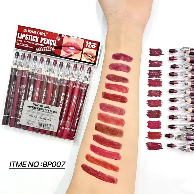 12-Piece Matte Lip Liner Set with Sharpener
