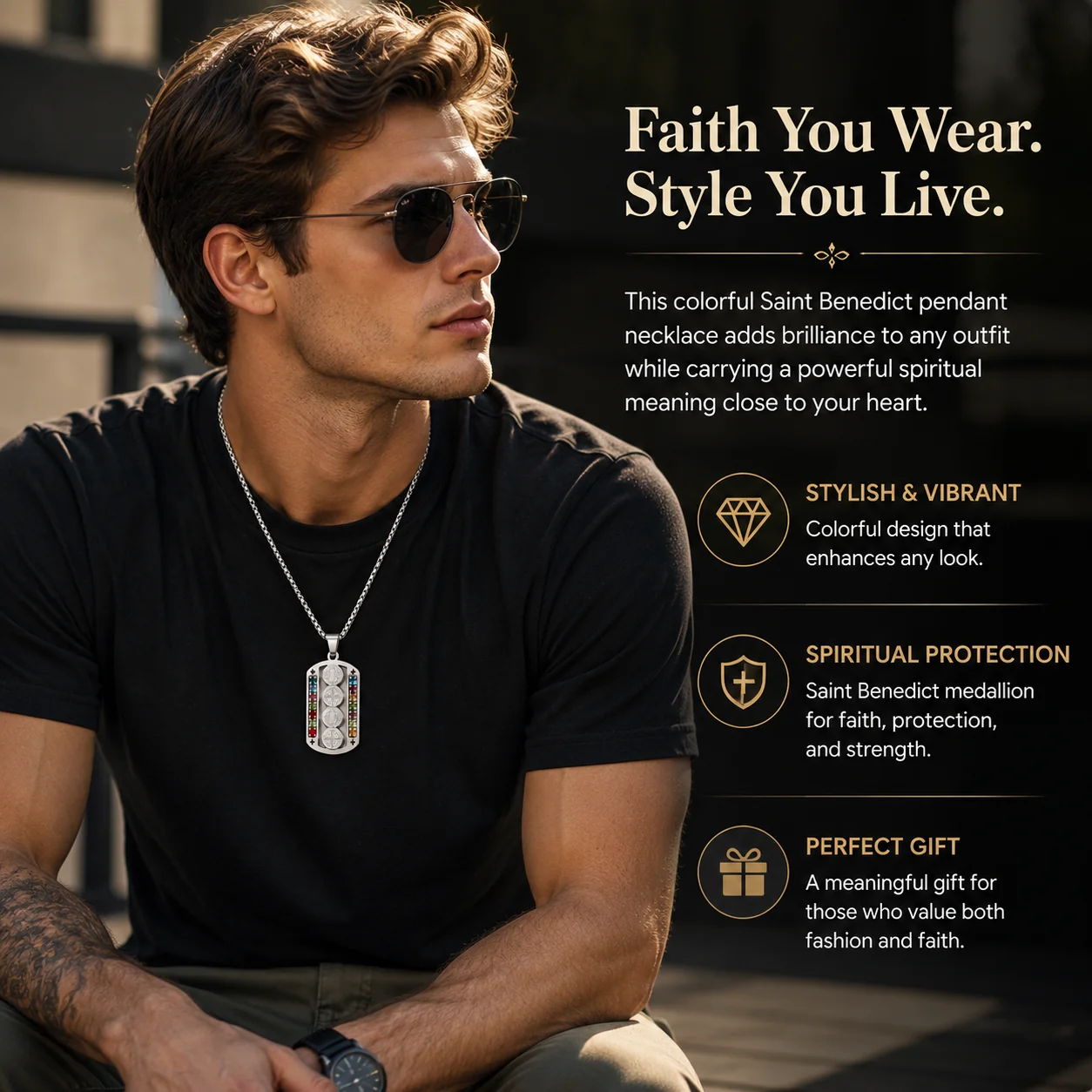 Saint Benedict Pendant Necklace, Mix Color Stainless Steel Christian Medallion