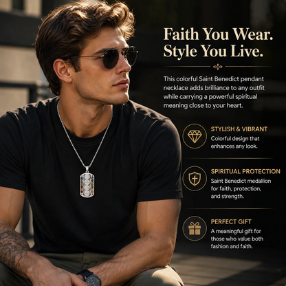 Saint Benedict Pendant Necklace, Mix Color Stainless Steel Christian Medallion