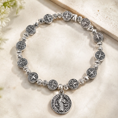 Catholic Rosary Metal Bracelet Saint Benedict Medal Bracelet Faith Baptism silvery