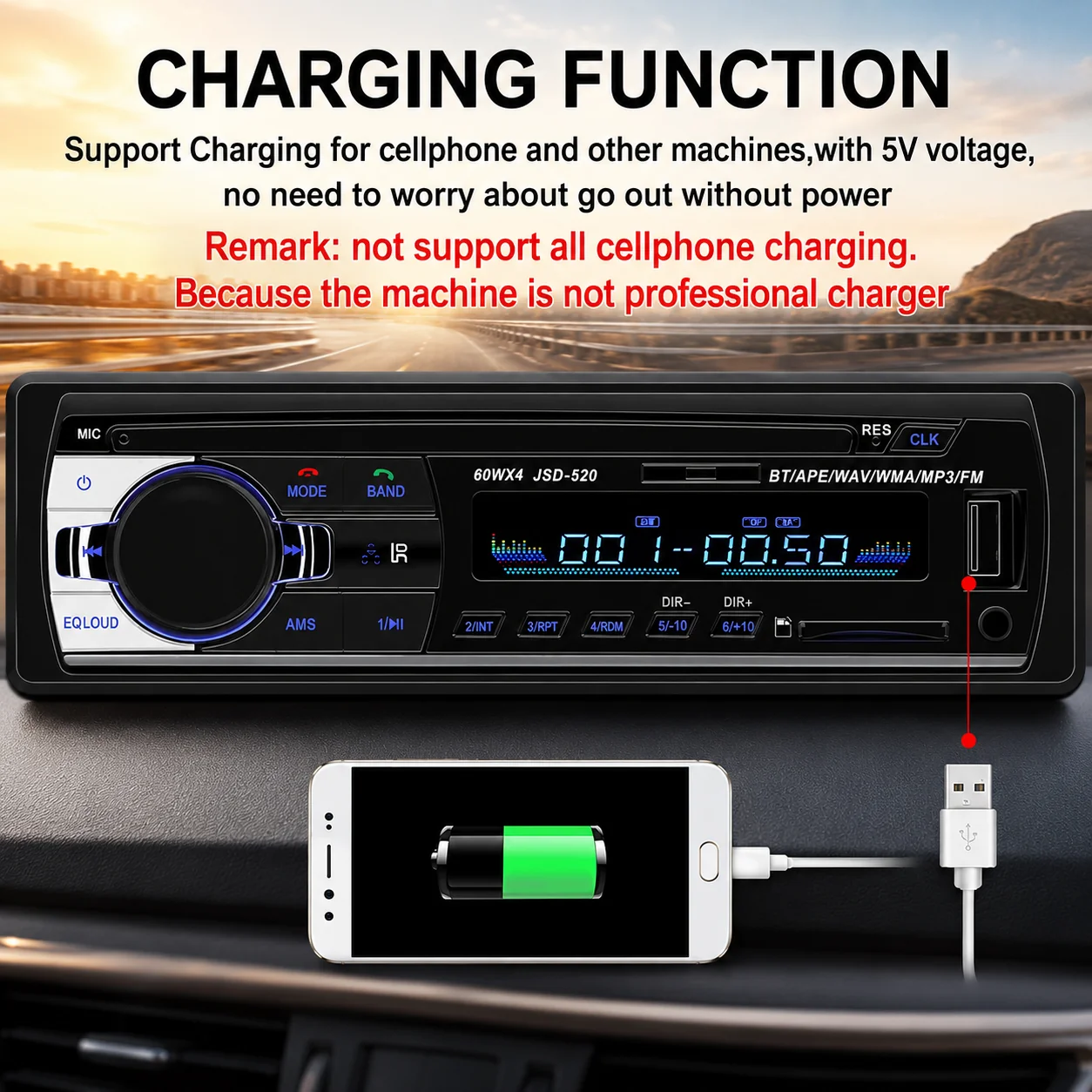Car Radio Audio USB/SD/MP3 Player Receiver Bluetooth Hands-Free with Remote Control