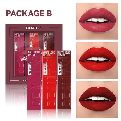 3 Colors Matte Liquid Lipstick Set, Velvet Smooth Nude Lip Gloss