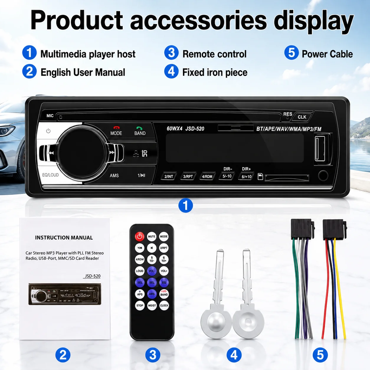 Car Radio Audio USB/SD/MP3 Player Receiver Bluetooth Hands-Free with Remote Control