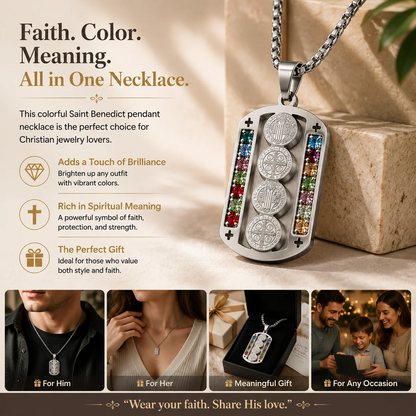 Saint Benedict Pendant Necklace, Mix Color Stainless Steel Christian Medallion