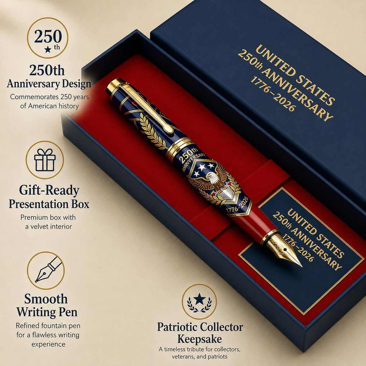 250th Anniversary Metal Commemorative Pen with Gift Box - US Pride Collectible Gift for Patriots, Home Decor